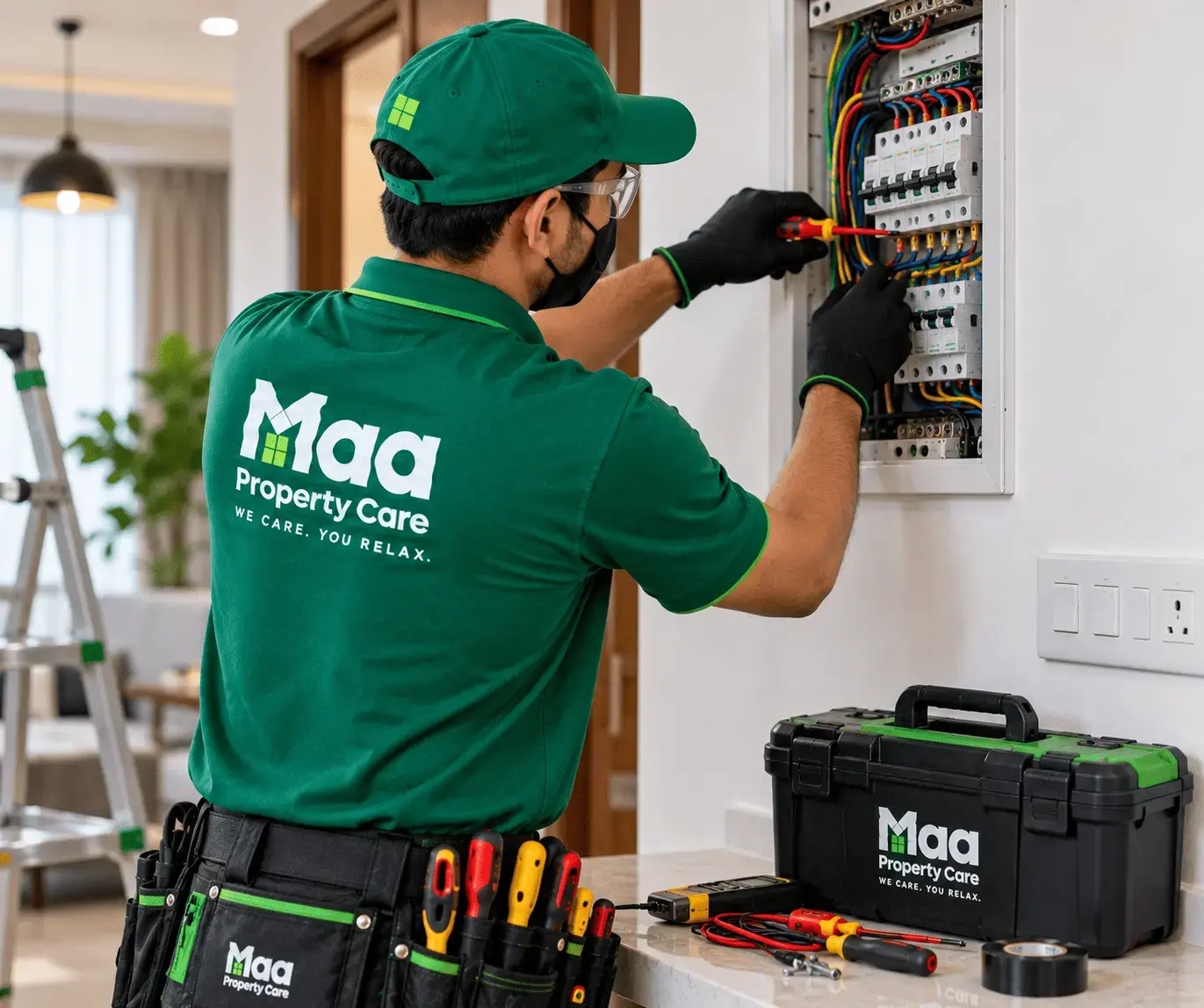 Electrician checking a distribution board in Dhanmondi, Dhaka